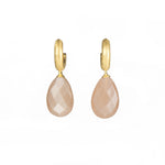 Load image into Gallery viewer, HUGGIE HOOP EARRINGS WITH A FACETED PEACH MOONSTONE DROP FAIR TRADE 24K GOLD VERMEIL - Joyla Jewelry