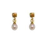 Load image into Gallery viewer, Globe Drop Gem with Cube Post Earrings in 24K Fair Trade Gold Vermeil White Pearl