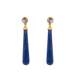 Load image into Gallery viewer, Signature Long Drop Cabochon Earrings 24K Gold Vermeil Sky Blue Topaz and Light Lapis