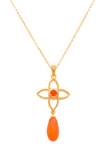 Load image into Gallery viewer, JOY FLOWER PENDANT 20MM WITH DROP CARNELIAN MATTE 24K GOLD VERMEIL - Joyla Jewelry