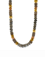Load image into Gallery viewer, Labradorite, Peach Moonstone and Smoky Quartz Necklace 8mm 24K Fair Trade Gold Vermeil