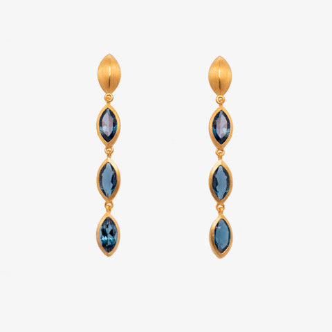 Bliss Three Stone Dangle London Blue Topaz Earrings 24K Gold Vermeil
