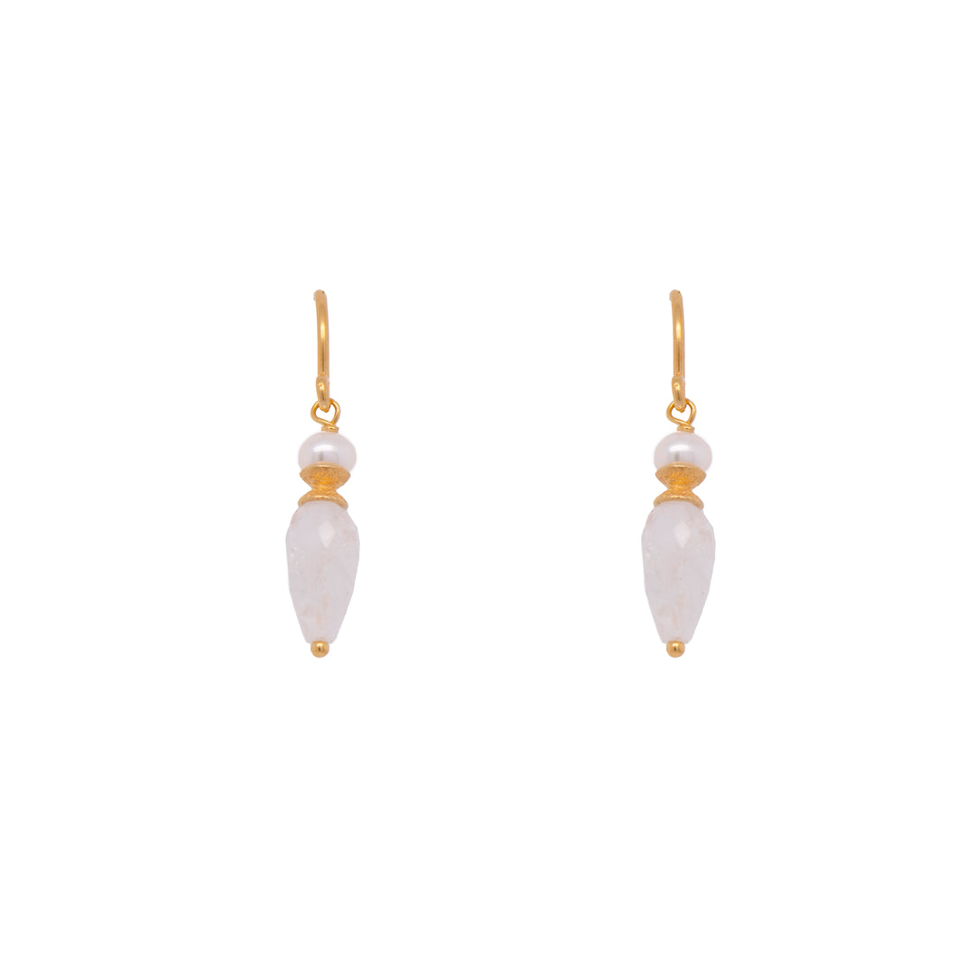 French Wire Teardrop Earrings Faceted 24K Fair Trade Gold Vermeil White Pearl and Rainbow Moonstone