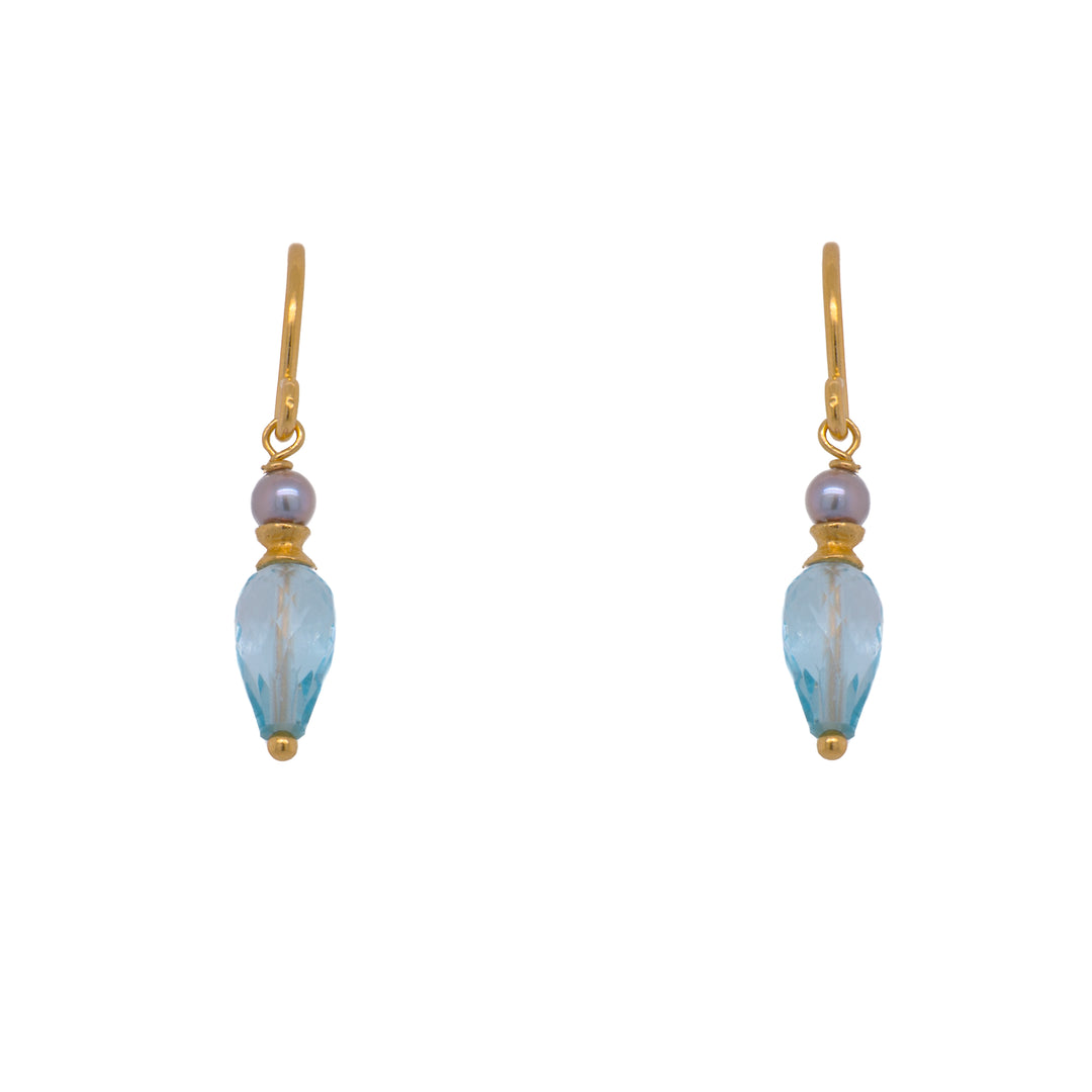 French Wire Teardrop Earrings Faceted 24K Fair Trade Gold Vermeil Grey Pearl and Sky Blue Topaz
