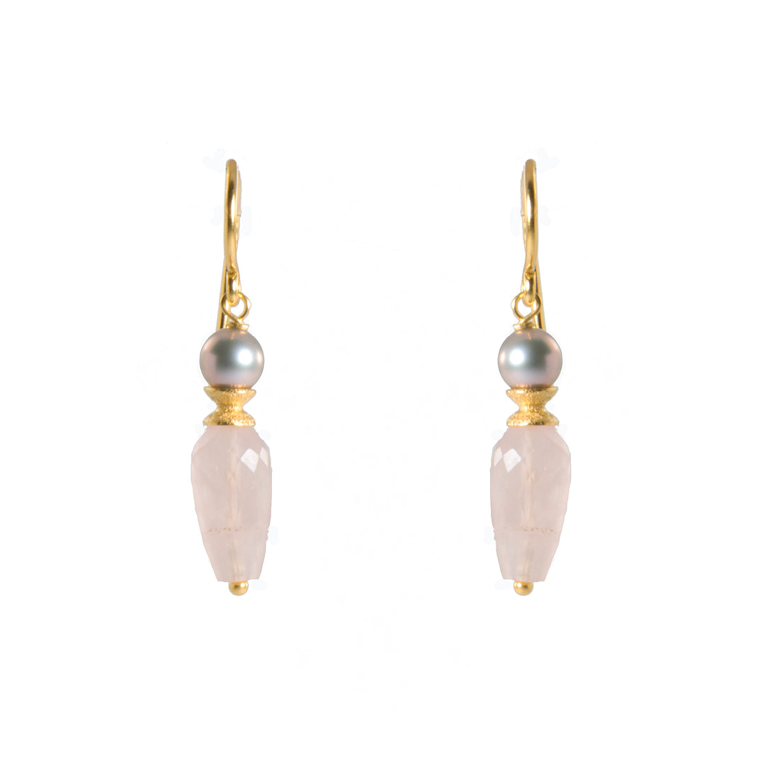 French Wire Teardrop Earrings Faceted 24K Fair Trade Gold Vermeil Grey Pearl and Rose Quartz