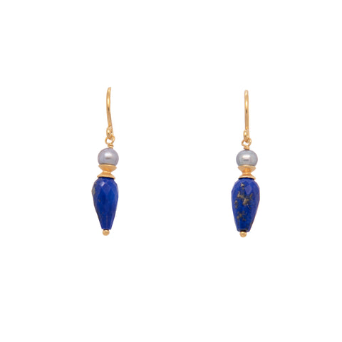 French Wire Earrings Grey Pearl Lapis Faceted 24K Fair Trade Gold Vermeil