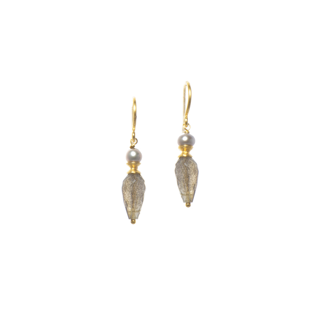 French Wire Teardrop Earrings Faceted 24K Fair Trade Gold Vermeil Grey Pearl and Labradorite