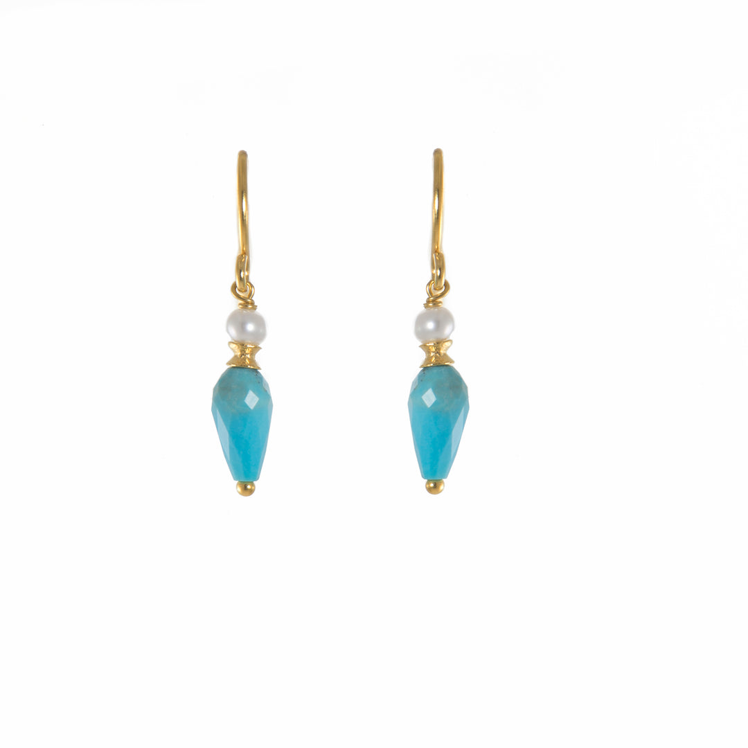 French Wire Teardrop Earrings Faceted 24K Fair Trade Gold Vermeil White Pearl and Turquoise