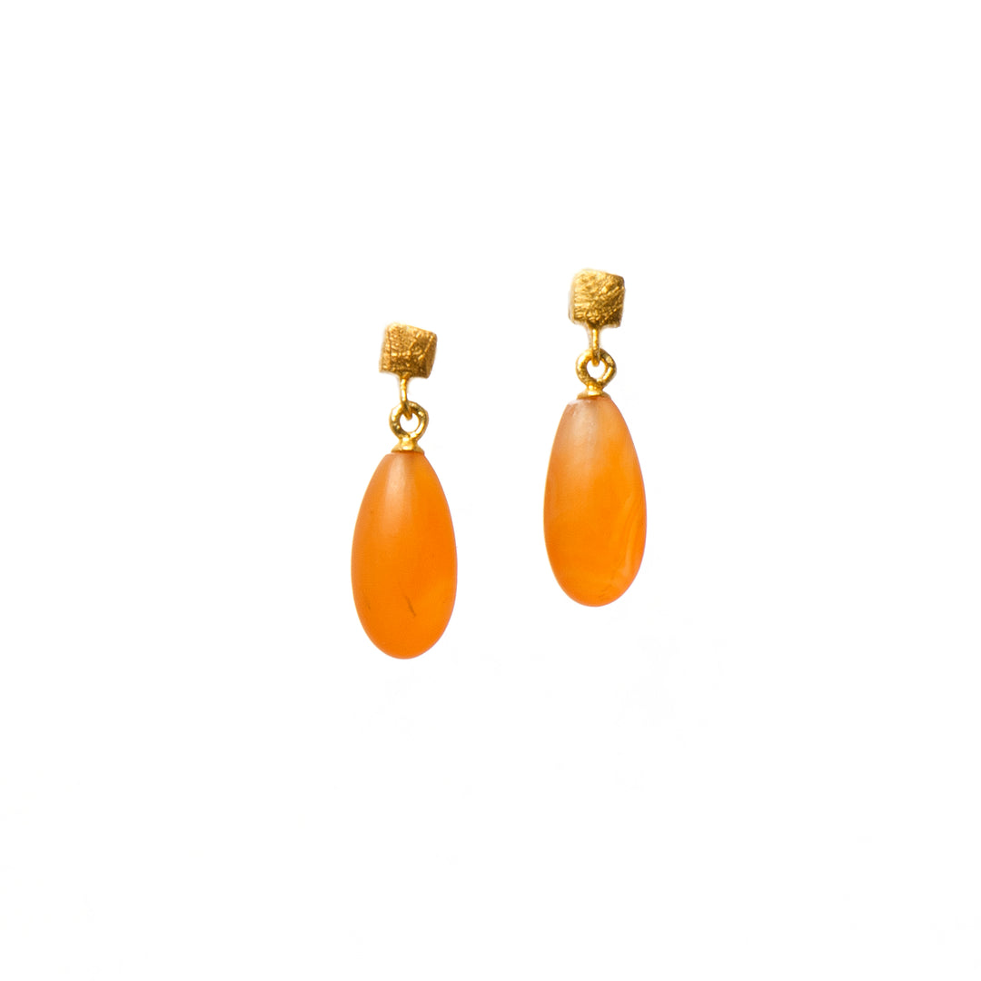 Drop Matte Gem with Cube Post Earrings in Fair Trade 24k Gold Vermeil Carnelian Matte