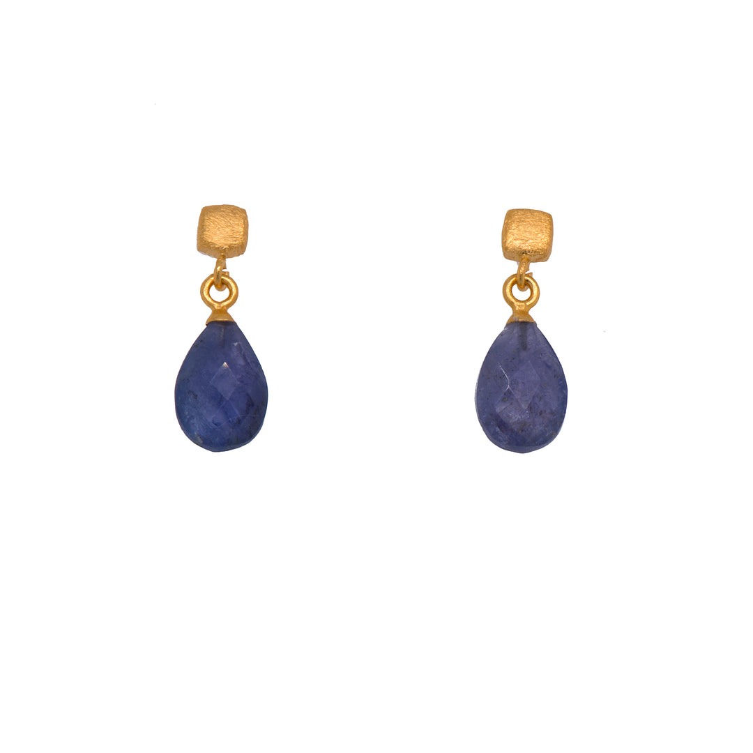 Drop Faceted Gem with Cube Post Earrings Fair Trade 24k Gold Vermeil Collection Tanzanite