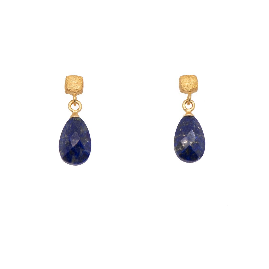 Drop Faceted Gem with Cube Post Earrings Fair Trade 24k Gold Vermeil Collection Lapis