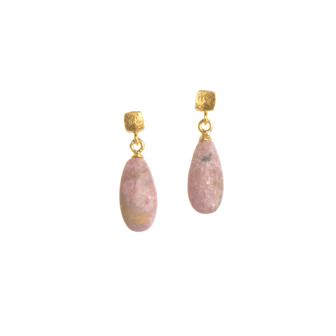 Drop Matte Gem with Cube Post Earrings in Fair Trade 24k Gold Vermeil Rhodonite Matte