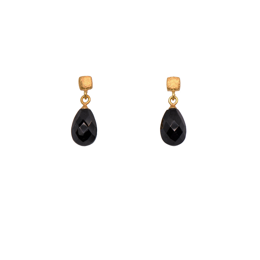 Drop Faceted Gem with Cube Post Earrings Fair Trade 24k Gold Vermeil Collection Black Spinel