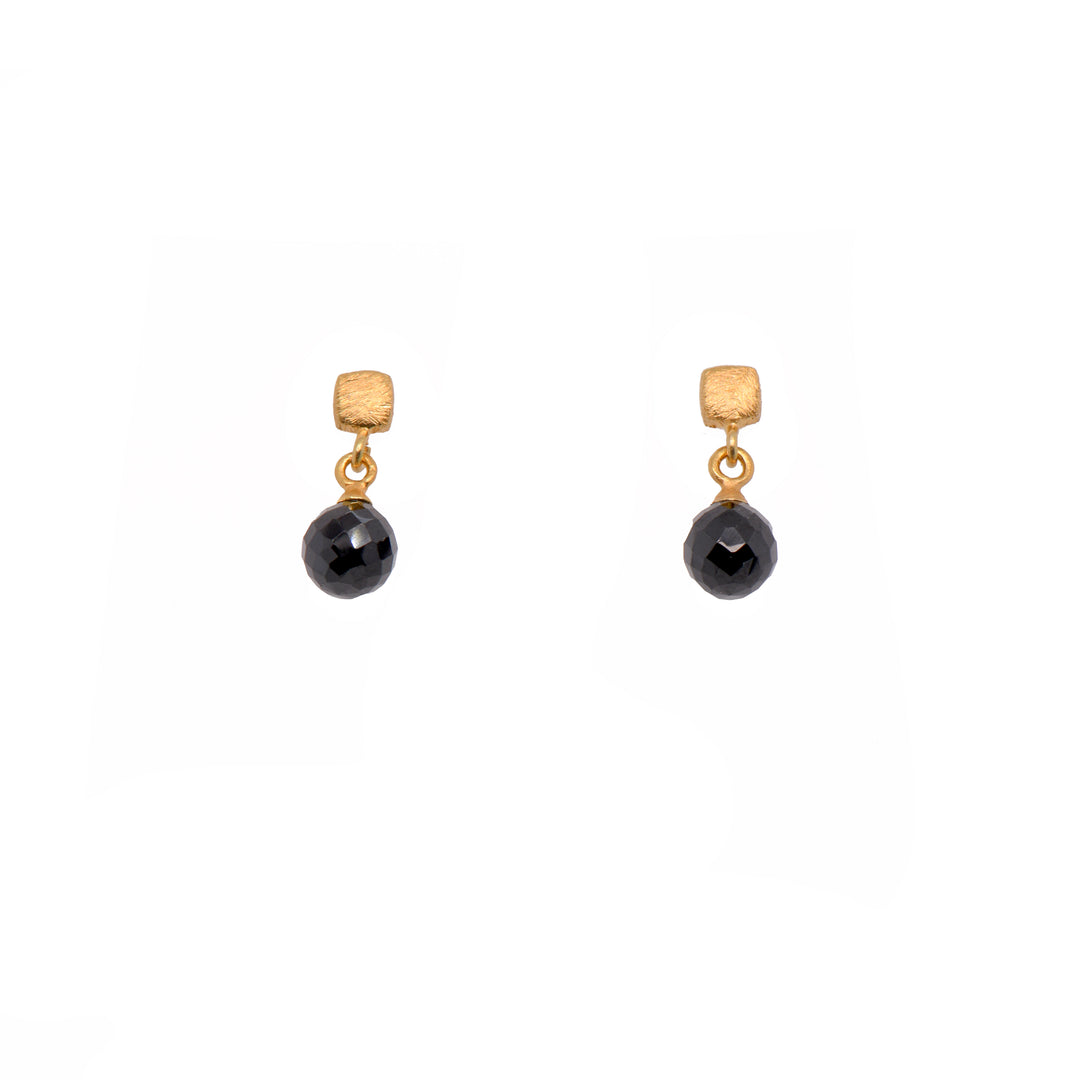 Globe Drop Gem with Cube Post Earrings in 24K Fair Trade Gold Vermeil Black Spinel