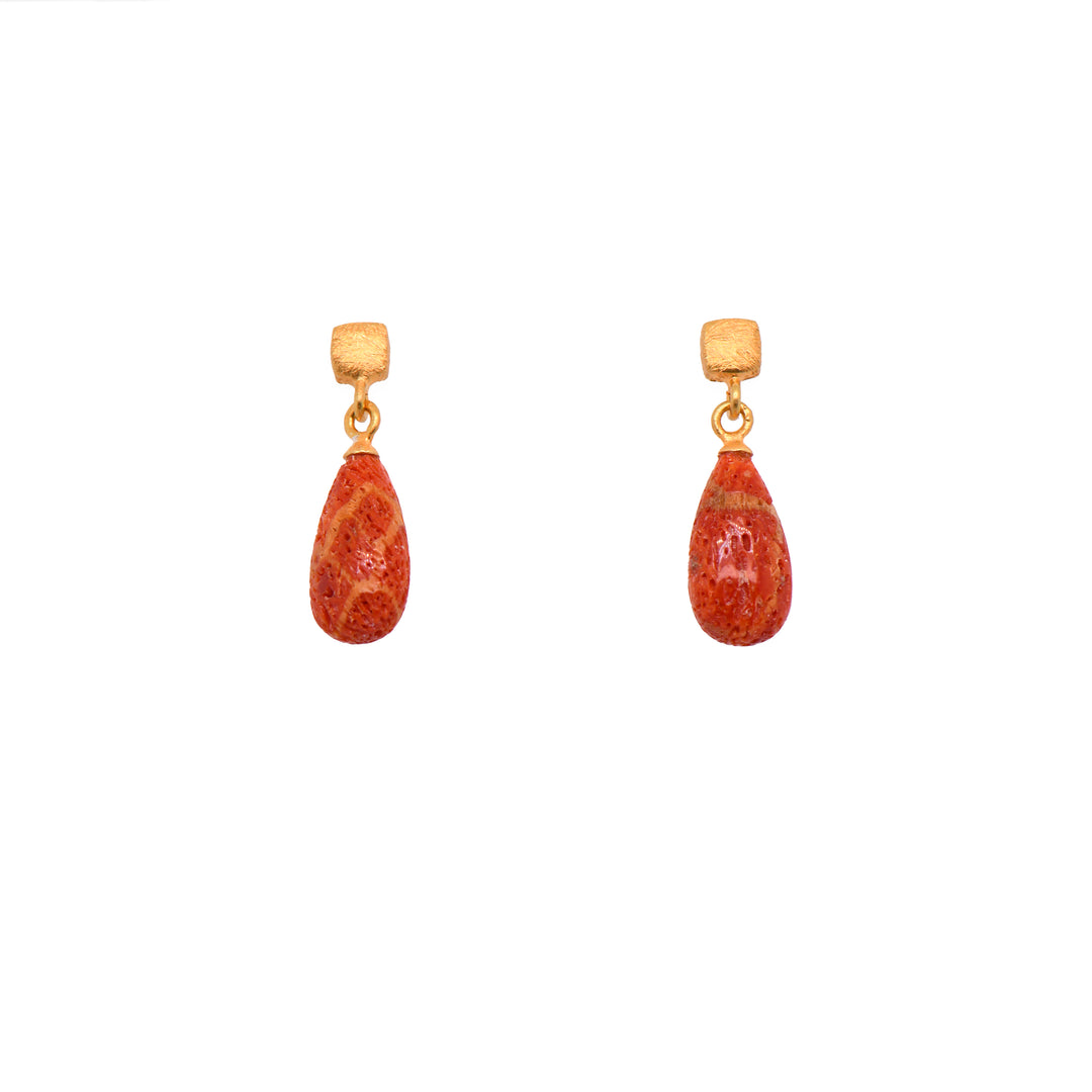 Drop Matte Gem with Cube Post Earrings in Fair Trade 24k Gold Vermeil Coral Matte