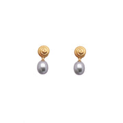 Gratitude Swirl Earrings in 24K Fair Trade Gold Vermeil with Pearl and Smoky Quartz Grey Pearl