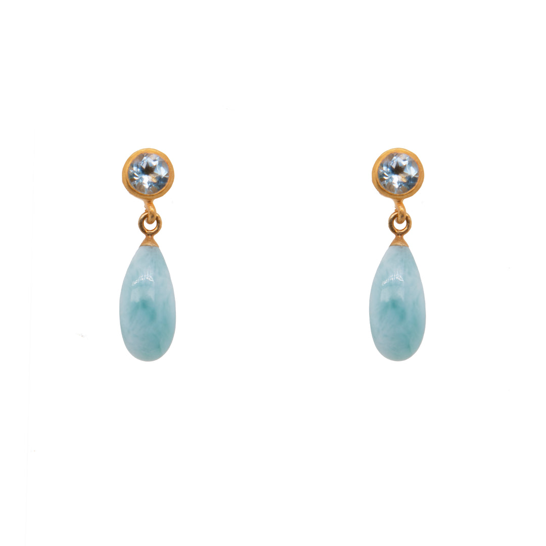 Faceted Topaz Stud Earrings with Larimar Drop 24K Fair Trade Gold Vermeil