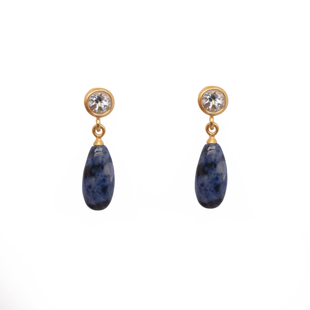 Drop and Stud Earrings Collection with Gemstone Variations Fair Trade 24K Gold Vermeil Sky Blue Topaz / Dumortierite Matte 15 mm