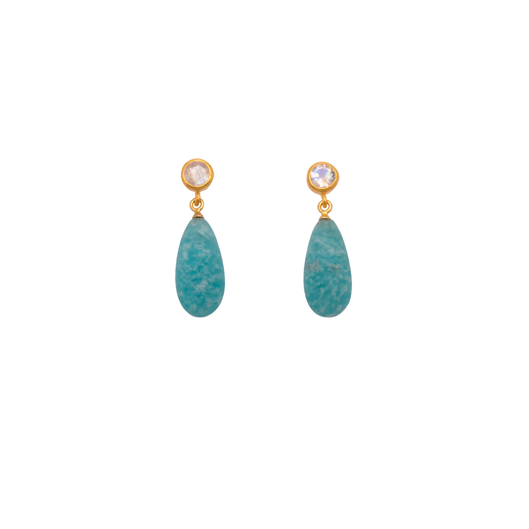 Drop and Stud Earrings Collection with Gemstone Variations Fair Trade 24K Gold Vermeil Rainbow Moonstone / Amazonite Matte 15 mm
