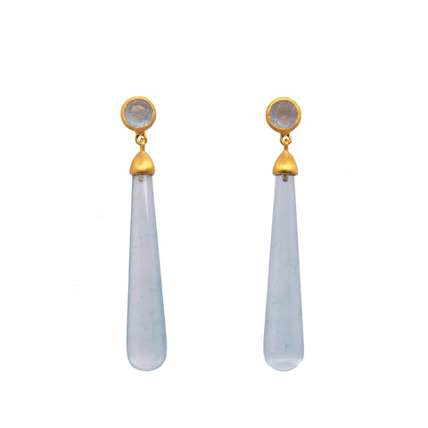 Earrings- Long Drop Cabochon Aquamarine 24 K Gold Vermeil