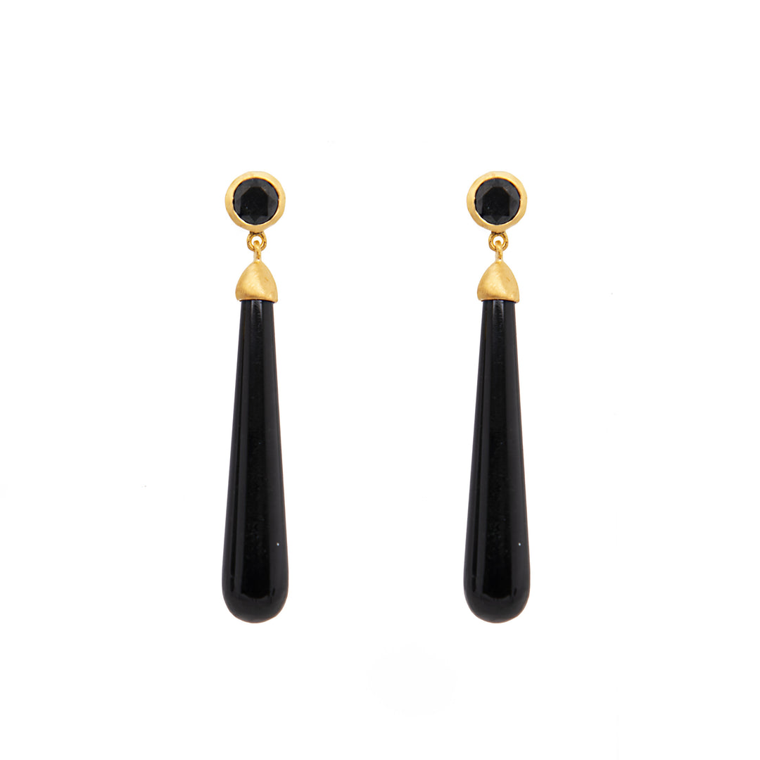 Signature Long Drop Cabochon Earrings 24K Gold Vermeil Black Spinel