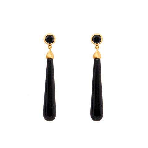 Earrings- Long Drop Cabochon Black Spinel 24 K Gold Vermeil
