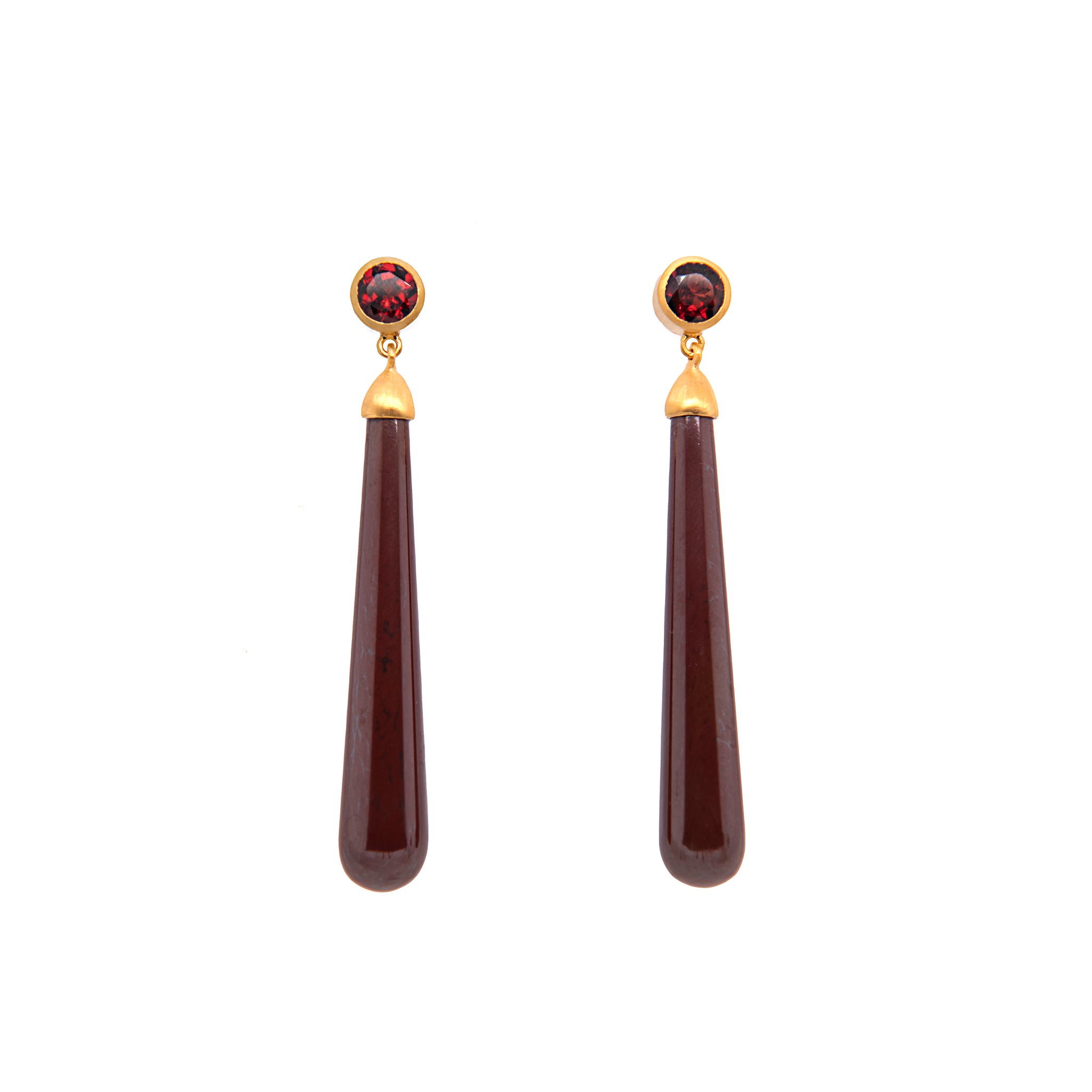 Earrings- Long Drop Cabochon Garnet 24K Gold Vermeil