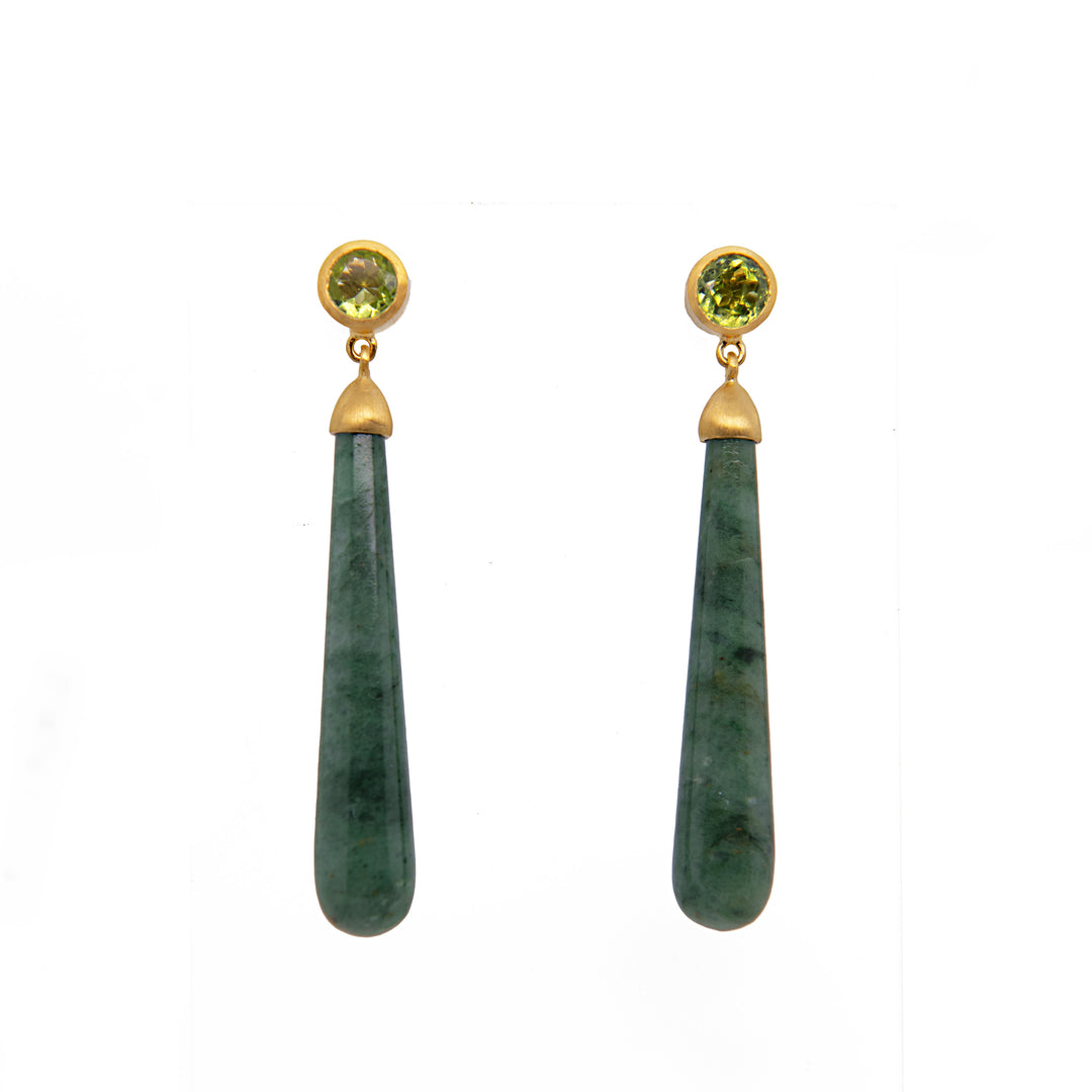 Signature Long Drop Cabochon Earrings 24K Gold Vermeil Peridot/Green Aventurine