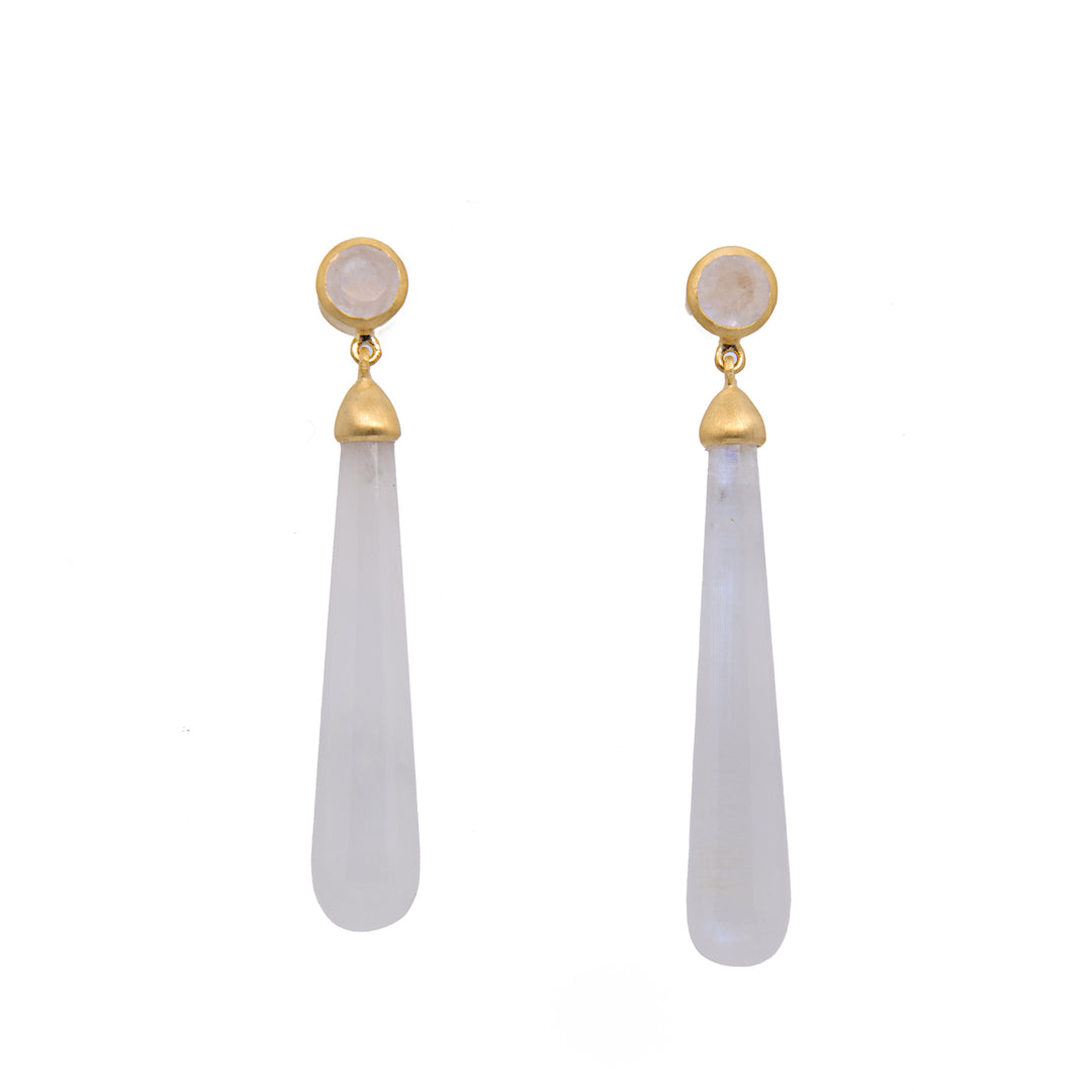 Signature Long Drop Cabochon Earrings 24K Gold Vermeil Rainbow Moonstone