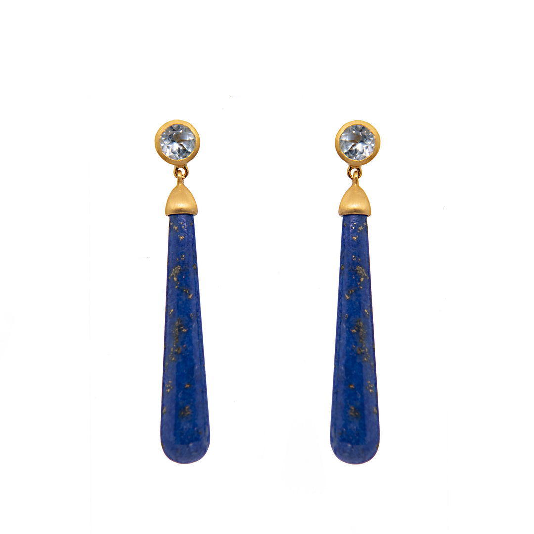 Signature Long Drop Cabochon Earrings 24K Gold Vermeil Sky Blue Topaz and Light Lapis
