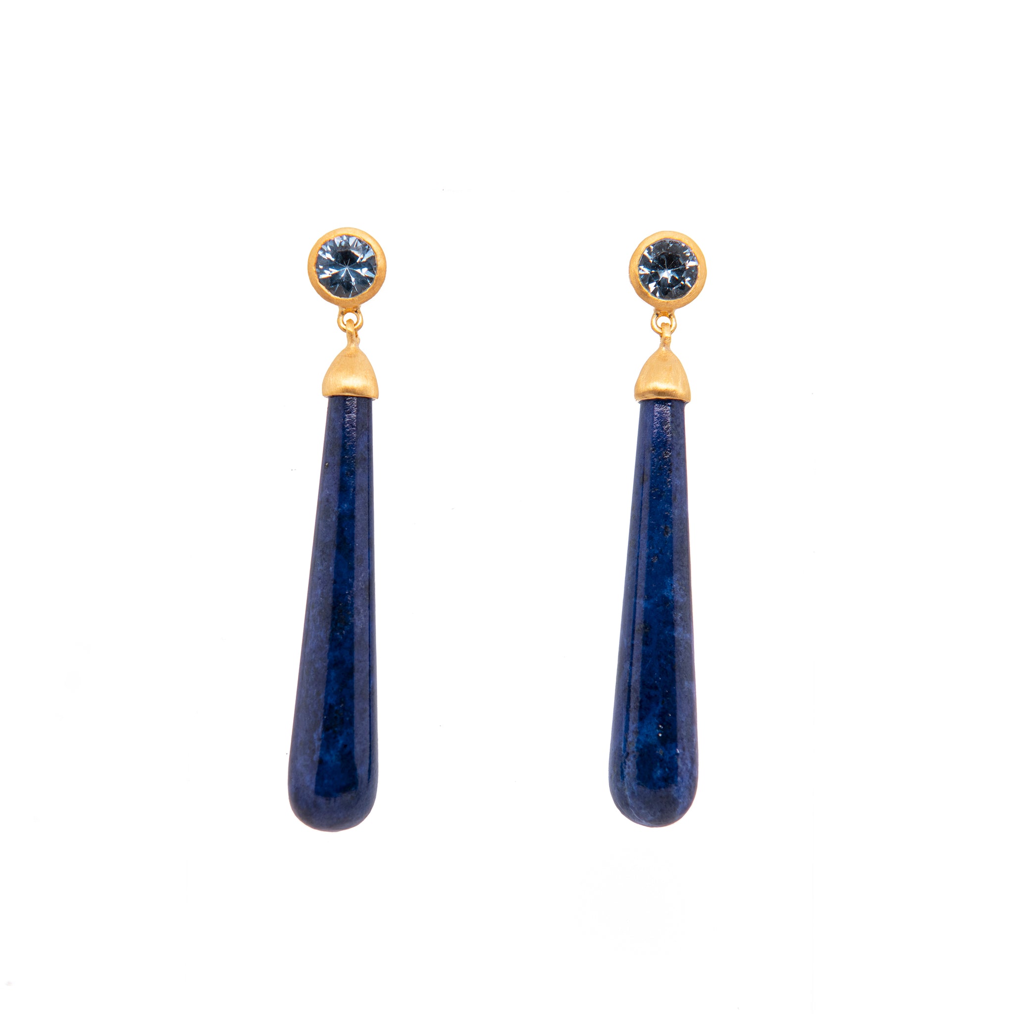 Earrings- Long Drop Cabochon Sky Blue Topaz and Dark Lapis 24 K Gold Vermeil