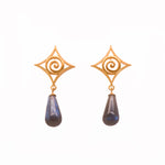 Load image into Gallery viewer, Gratitude Cabochon Drop Post Earrings 24K Gold Vermeil Labradorite