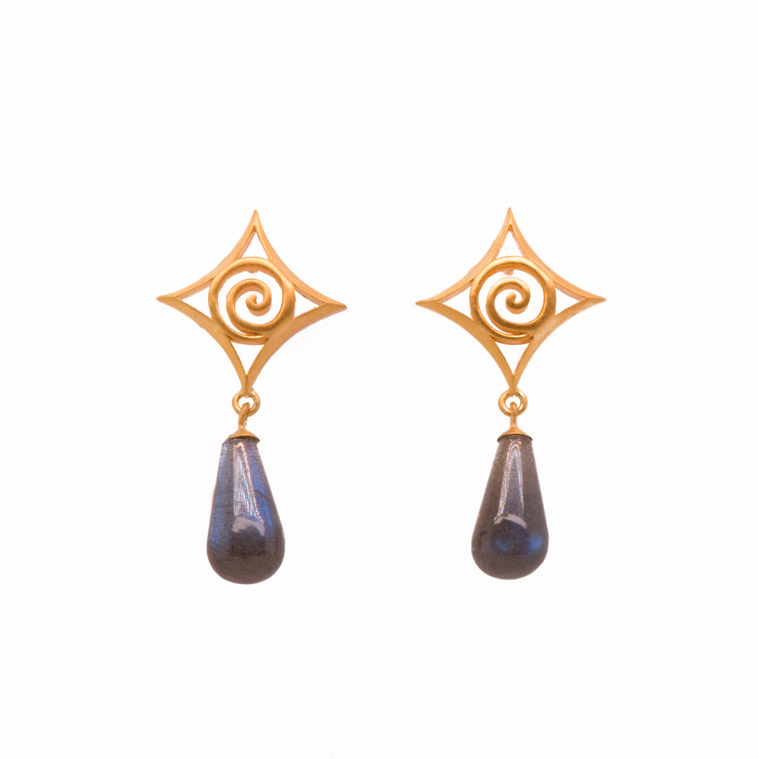 Gratitude Cabochon Drop Post Earrings 24K Gold Vermeil Labradorite