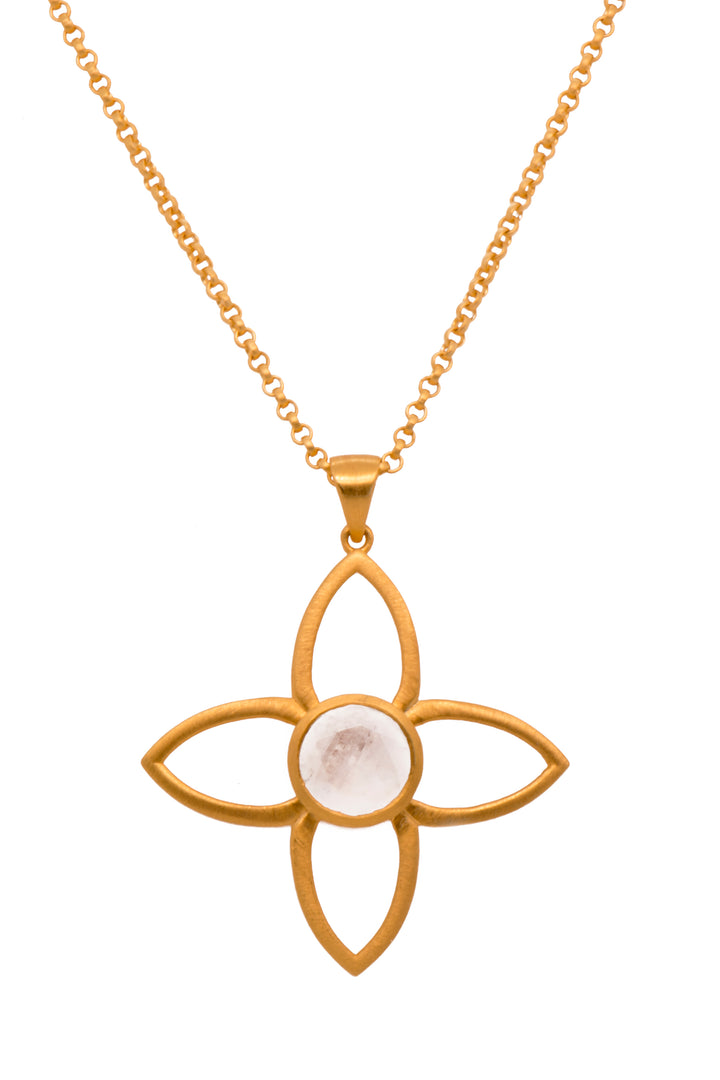Joy Flower Gemstone Pendant 40MM 24K Gold Vermeil Rainbow Moonstone