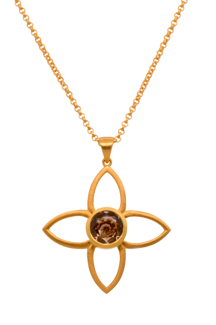 Joy Flower Gemstone Pendant 40MM 24K Gold Vermeil Smoky Quartz