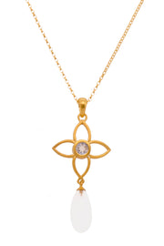 Joy Flower Pendant 20mm With Drop 24K Gold Vermeil Rainbow Moonstone Matte