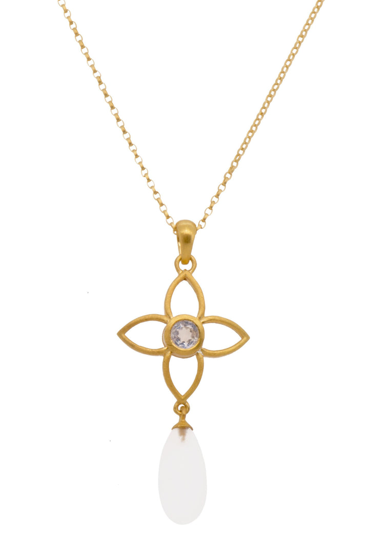 JOY FLOWER PENDANT 20MM WITH DROP RAINBOW MOONSTONE MATTE 24K GOLD VERMEIL - Joyla Jewelry