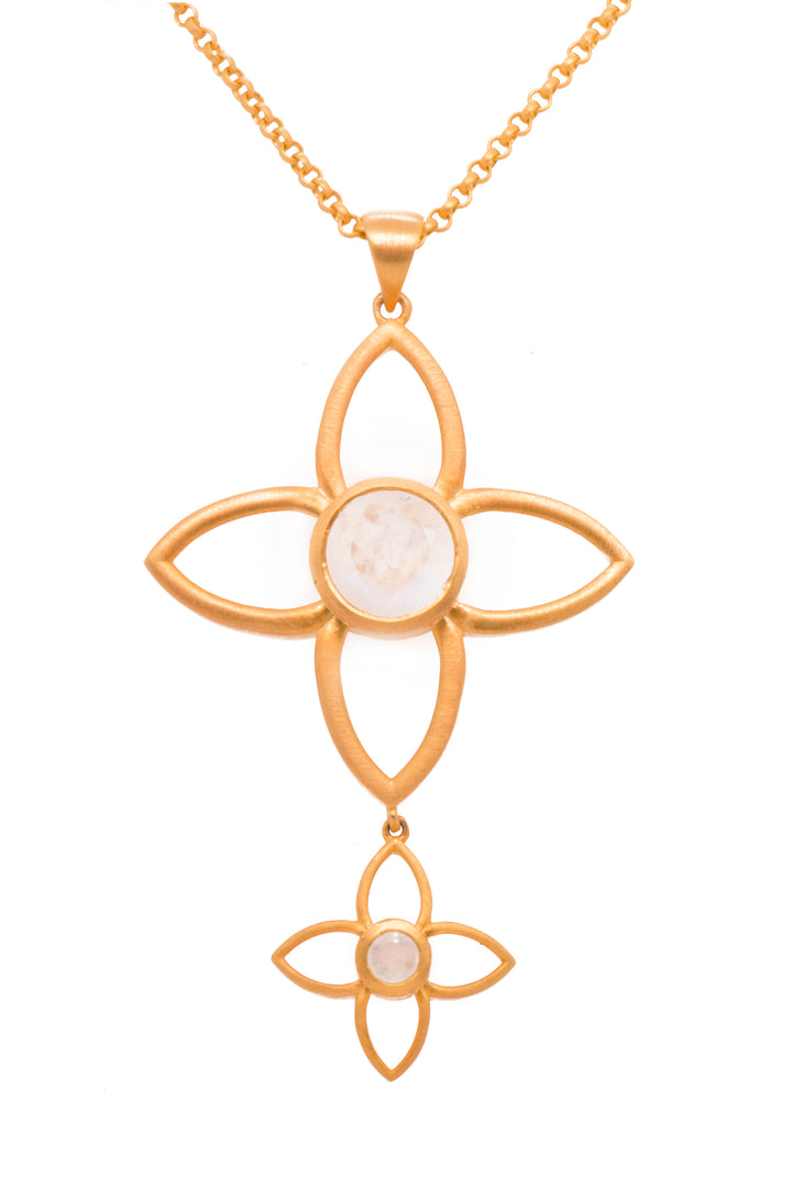 Joy Flower Double Pendant 40mm And 20mm 24K Gold Vermeil Rainbow Moonstone