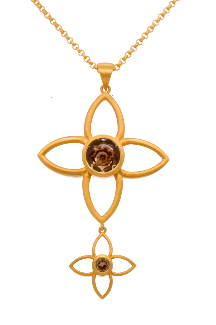 Joy Flower Double Pendant 40mm And 20mm 24K Gold Vermeil Smoky Quartz