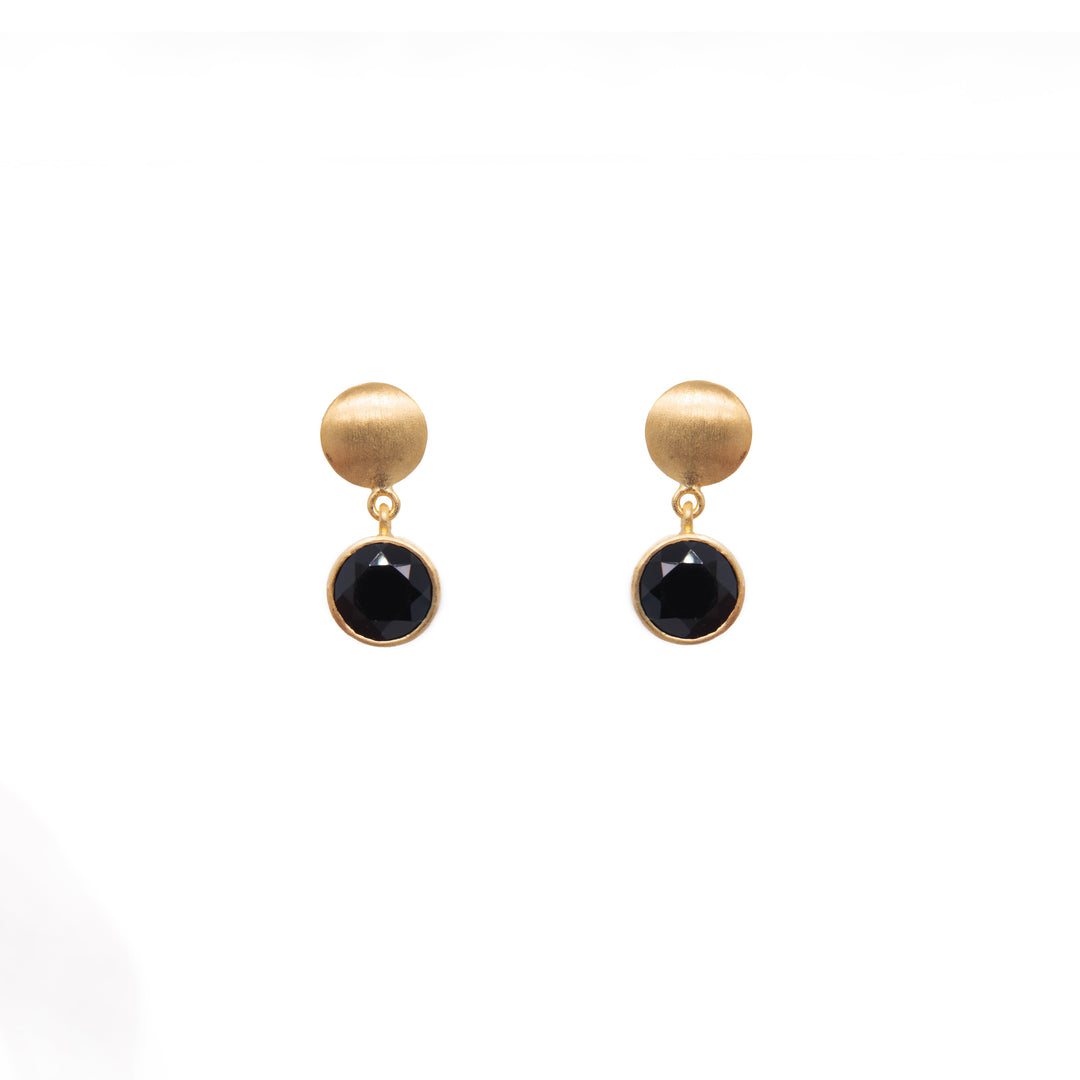 Moon Post Earrings with Drop Round Stone 24K Gold Vermeil Black Spinel