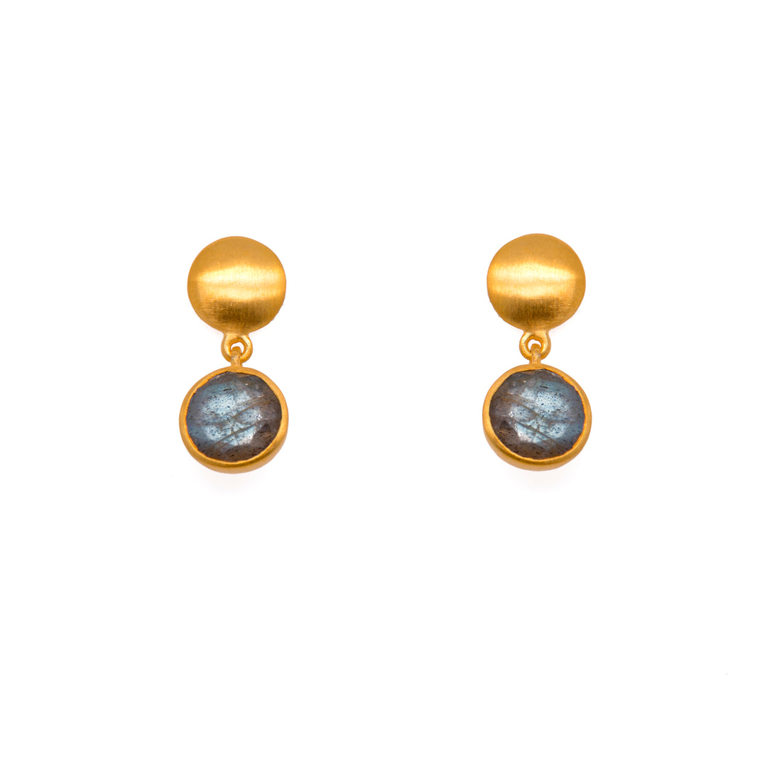 Moon Post Earrings with Drop Round Stone 24K Gold Vermeil Labradorite