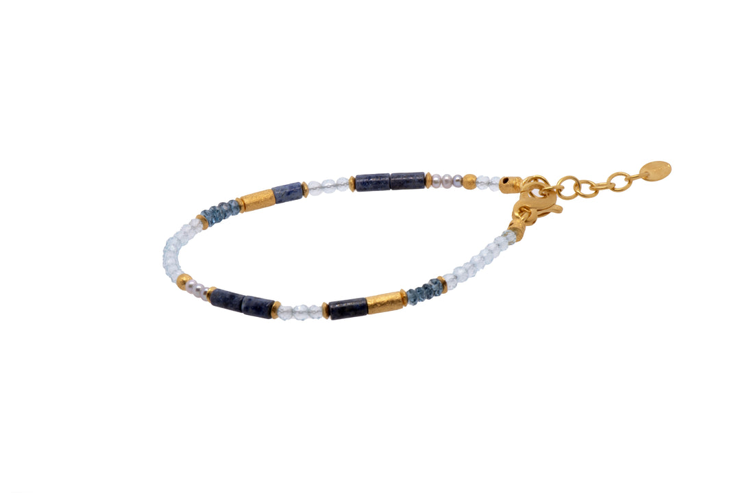 Matte Dumortierite, Blue Topaz, and Pearls 3mm Necklace and Bracelet Set Fair Trade 24K Gold Vermeil Bracelet