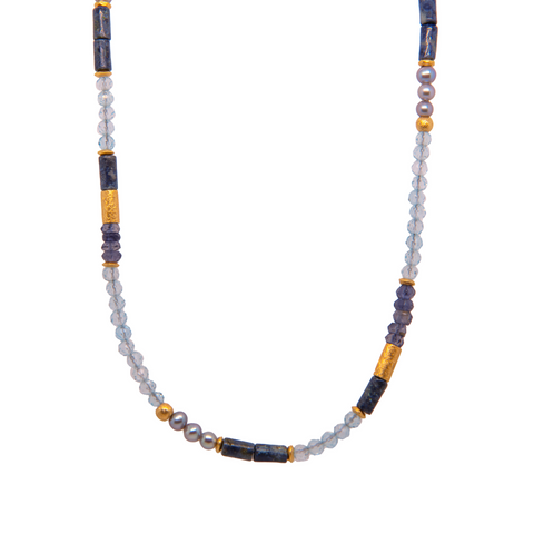 Polished Dumortierite, Sky Blue Topaz, London Blue Topaz, and Pearls 3mm Necklace Fair Trade 24K Gold Vermeil