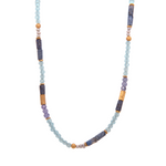 Load image into Gallery viewer, Dumortierite, Sky Blue Topaz, Tanzanite, and Pearls 3mm Necklace Fair Trade 24K Gold Vermeil