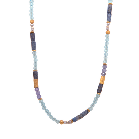Dumortierite, Sky Blue Topaz, Tanzanite, and Pearls 3mm Necklace Fair Trade 24K Gold Vermeil