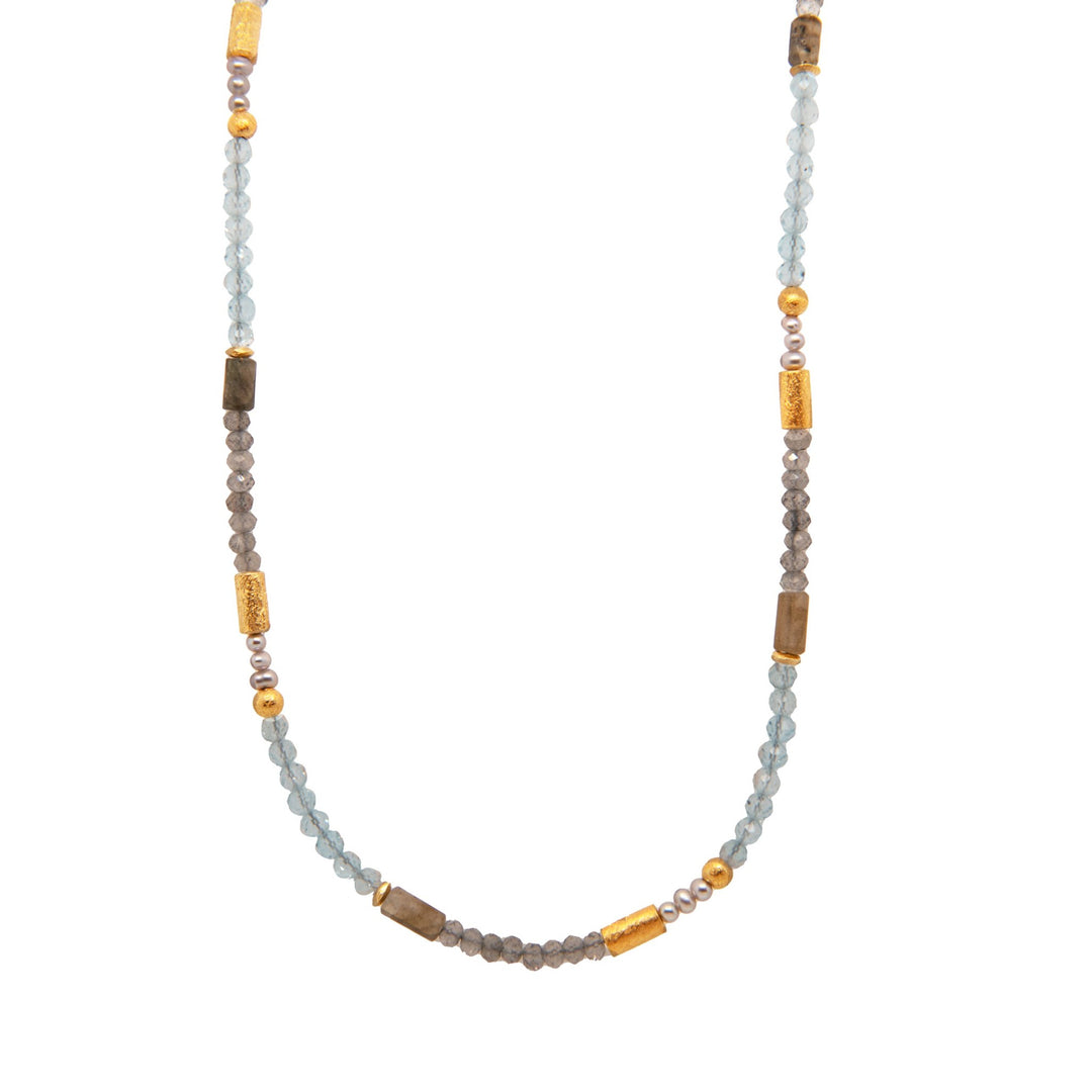 Labradorite, Sky Blue Topaz and Grey Pearl 3mm Necklace 24K Fair Trade Gold Vermeil