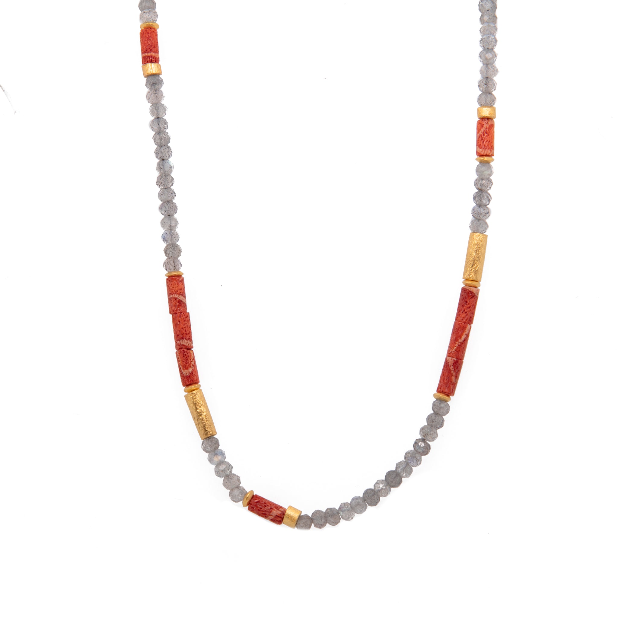 Coral and Labradorite 3mm Necklace 24K Fair Trade Gold Vermeil