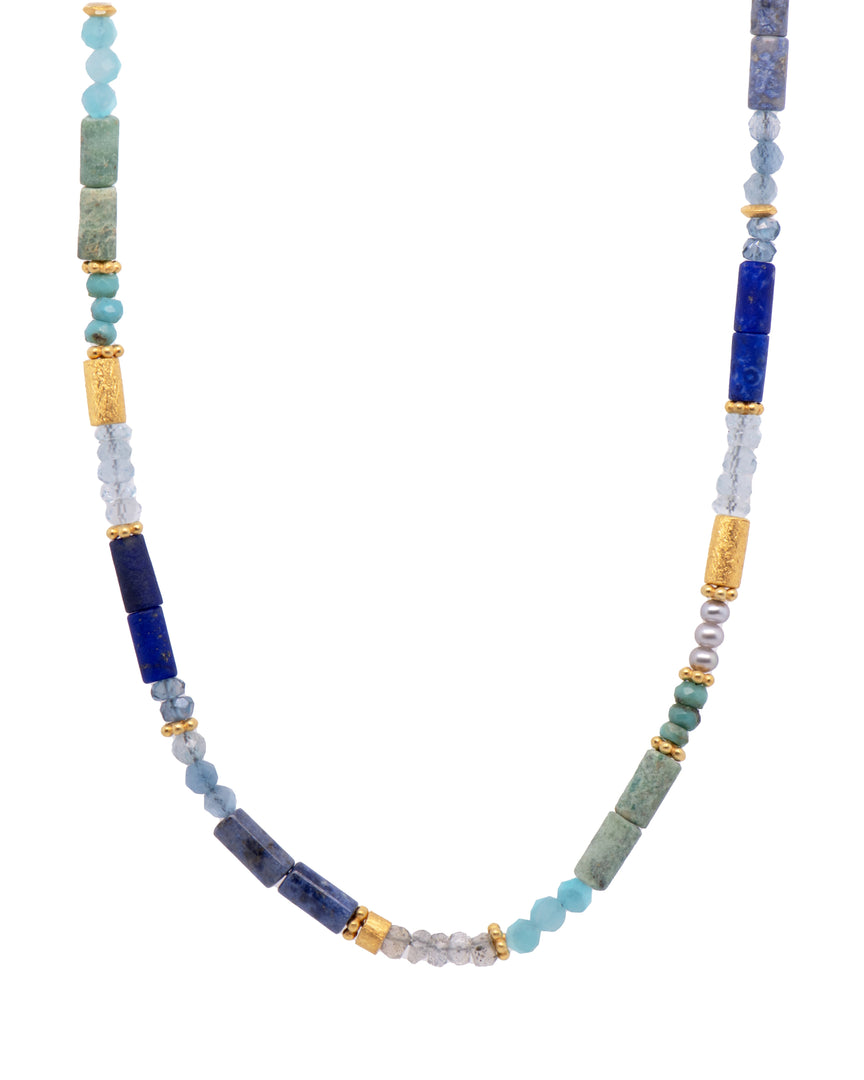 Turquoise, Pearls, Lapis, Zircon, Chrysocolla, Dumortierite, Labradorite, and Sky Blue Topaz Necklace and Bracelet 24K Fair Trade Gold Vermeil Necklace