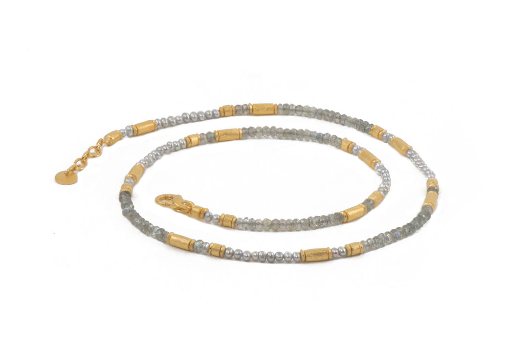 Labradorite and Grey Pearl 3mm Jewelry Set in 24K Fair Trade Gold Vermeil Necklace