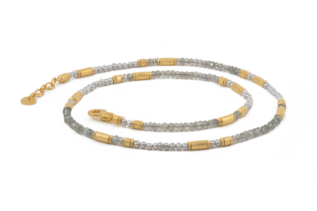 Labradorite and Grey Pearl 3mm Jewelry Set in 24K Fair Trade Gold Vermeil Necklace